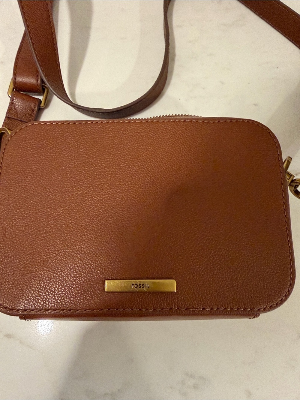 Fossil Brown Leather Crossbody with Gold Accent